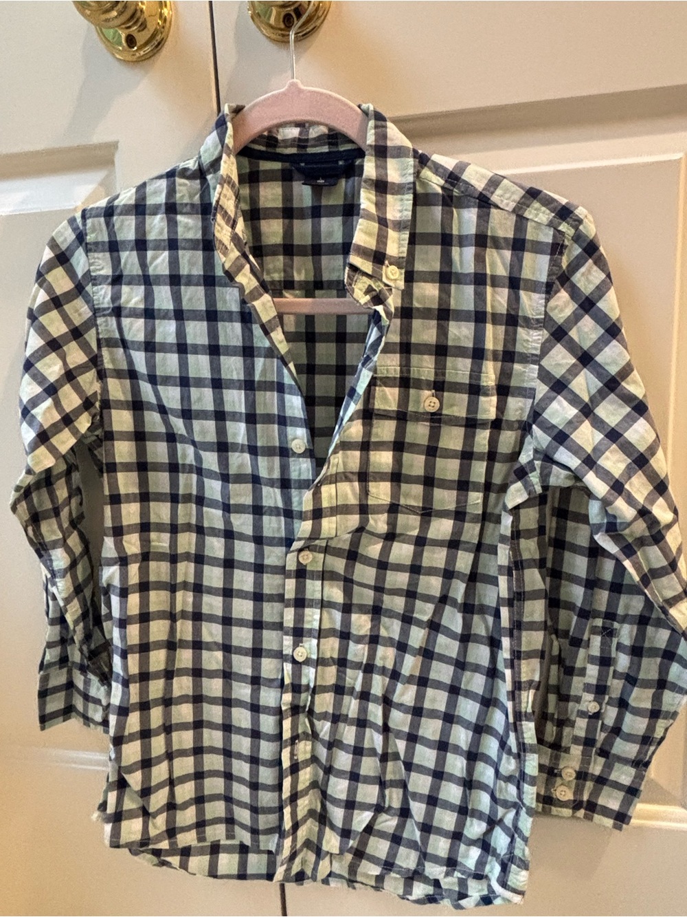GAP Kid’s Navy and White and lime green Plaid Button-Down Shirt